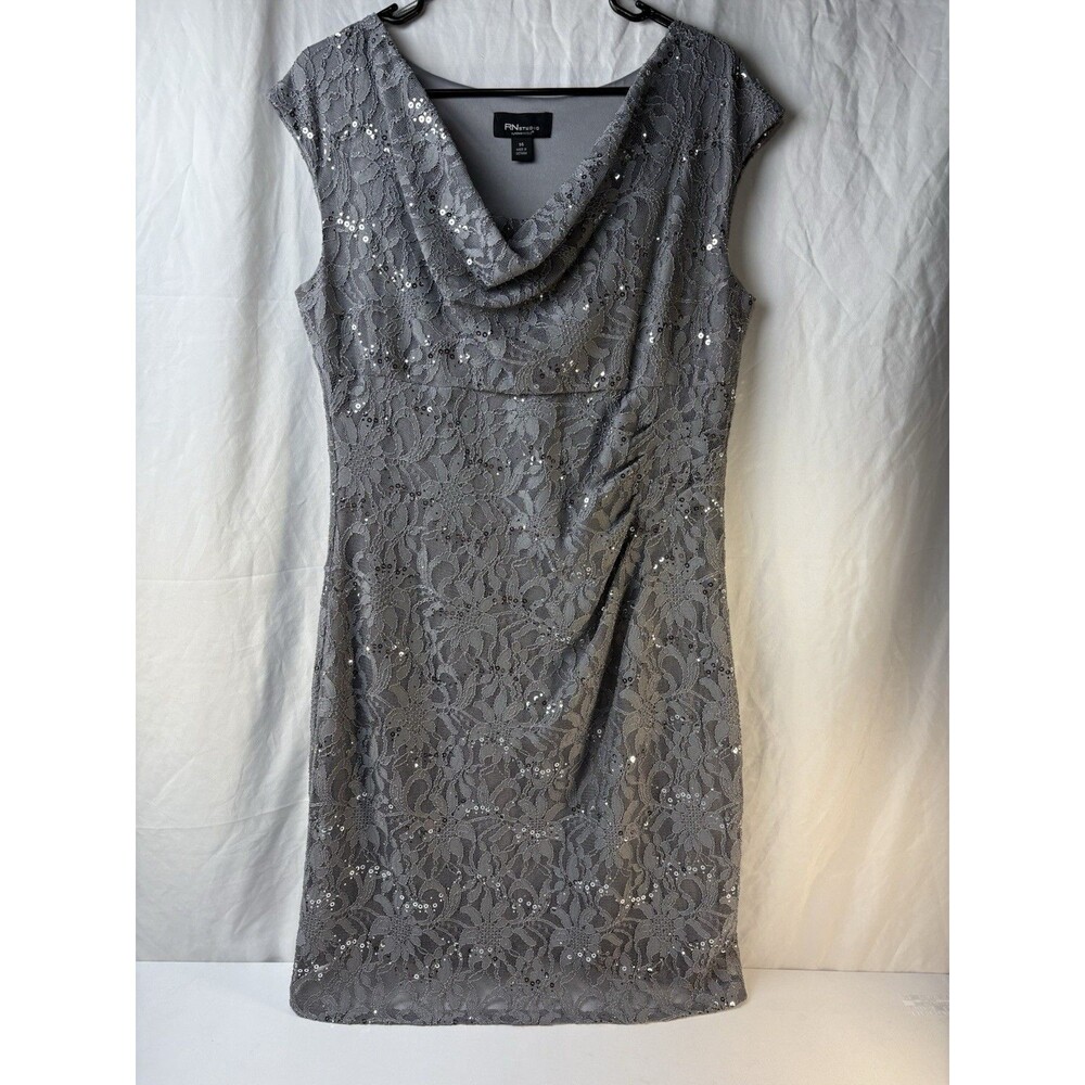 RN Studio Silver Grey Floral Lace Cap Sleeve Sequin Sheath Dress 14